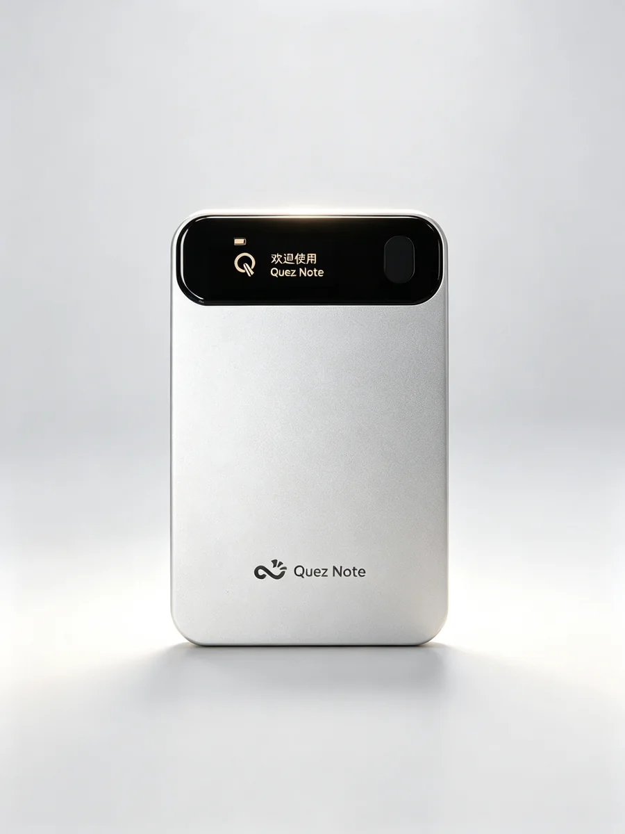 Quez 录音卡正面，屏幕显示「欢迎使用 Quez Note」