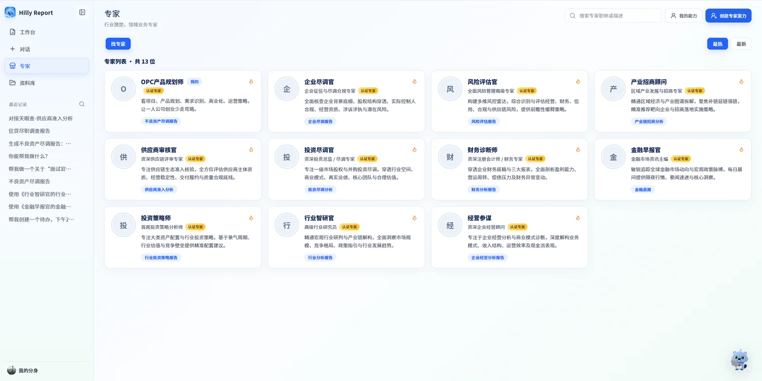 Hilly Report 专家库列出 13 位认证专家，包括尽调专家、风险评估专家、财务诊断专家、行业研究员与招商顾问